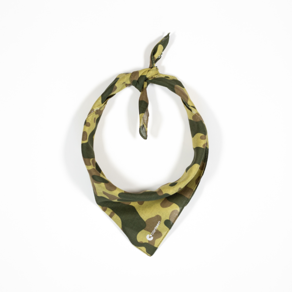 A photo of the camo bandana tied up and styled