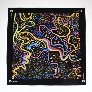 A wide shot photo of the Dreaming Track Nights bandana laid out flat