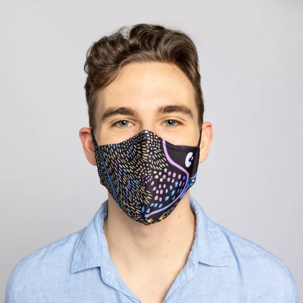 A person wearing a dreaming track nights face mask