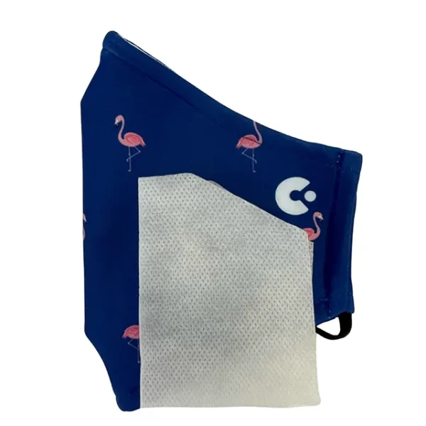 a side view of of the flamingo face mask with the liner on the side