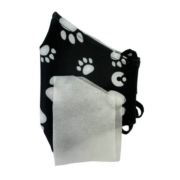 A side view of the paw print face mask with the liner on the side