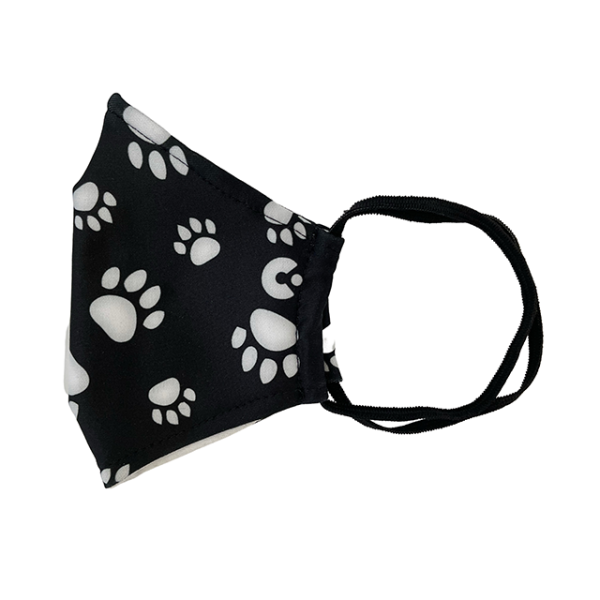 a side view of the paw print face mask with the ear loop exposed