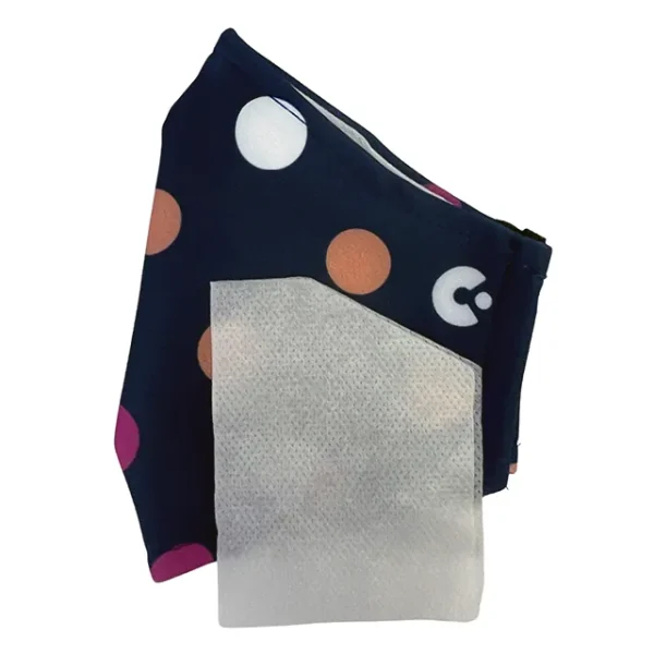 a side view of the polka dot face mask with the liner on the side