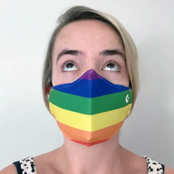 A person wearing a rainbow facemask