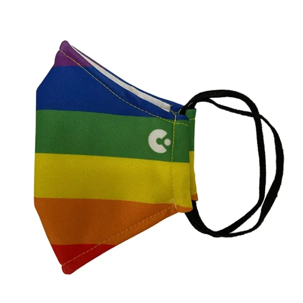 A side view of the rainbow face mask