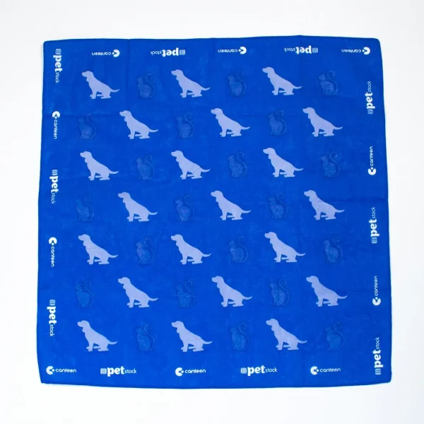 A wide shot photo of the Cats and Dogs bandanna laid out flat