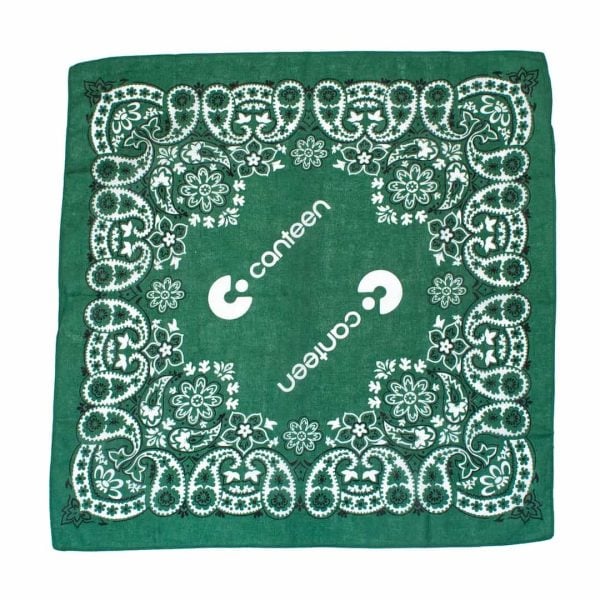 A wide shot photo of the green Mexican design bandana laid out flat