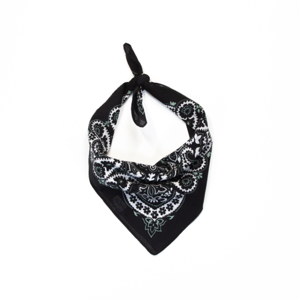 A photo of the Black Mexican bandanna tied and styled