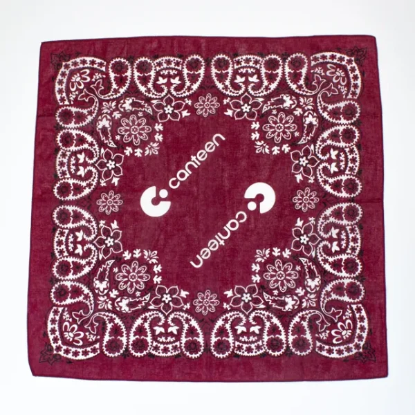 A wide shot photo of the maroon Mexican design bandana laid out flat