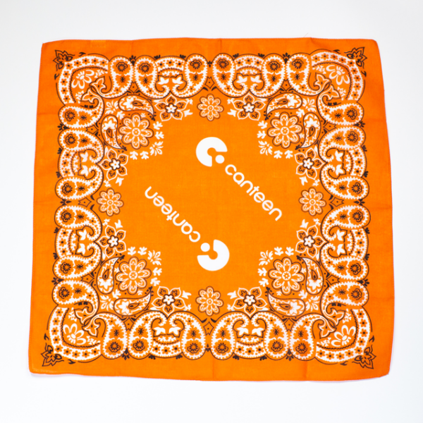 A wide photo of the orange Mexican bandanna laid out flat