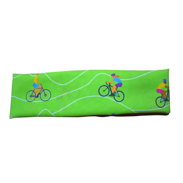 A photo of the Bicycles bandana tied up and styled