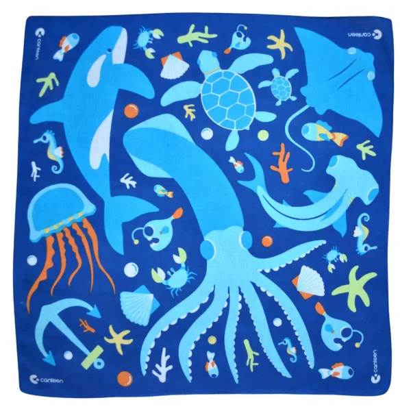 A wide shot photo of the Under The Sea bandanna laid out flat